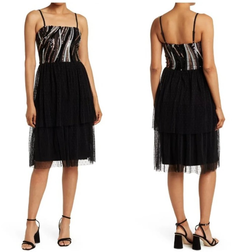 Dress the Population Black Tiered Tulle Midi Dress with Sequin Bodice